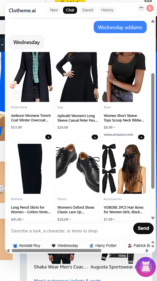 Clotheme.ai Wednesday Addams outfit result inside the Chrome extension